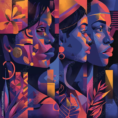 A vibrant, abstract illustration featuring the stylized faces of women of color with cultural elements.