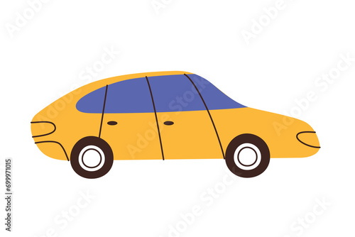 Yellow car icon, vector doodle illustration of taxi symbol, car rent or carsharing concept, automobile image, hand drawn icon for delivery, cartoon cab, isolated colored clipart on white background