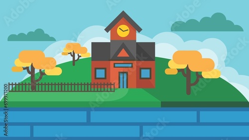 Flat animated vector background of natural views, schools, houses, and mountains