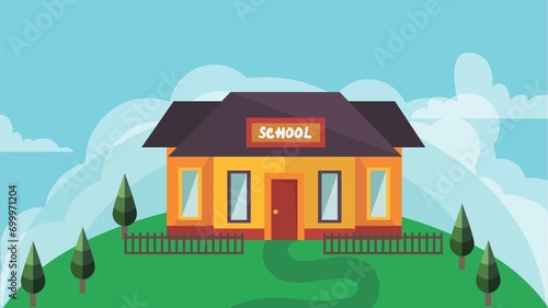 Flat animated vector background of natural views, schools, houses, and mountains