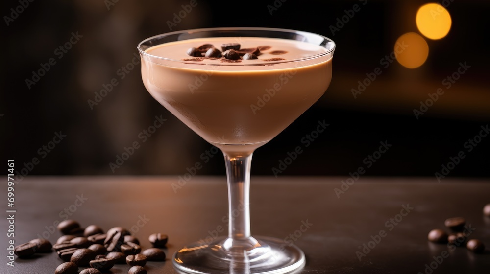 A glass of chocolate cocktail on the table on a dark background. A delicious drink. A cozy winter drink with chocolate and coffee. A glass of chocolate cocktail on the table on a dark background. A delicious drink. A cozy winter drink with chocolate and coffee.