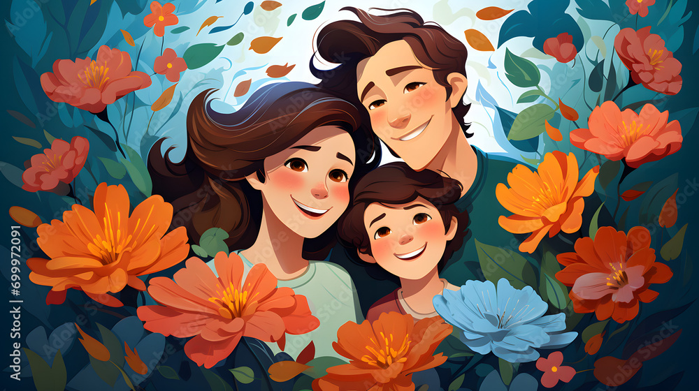 Illustration of cute family, floral vector. Generative AI