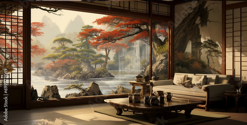 Pictures of a Japanese-style relaxation and guest room with paintings on the walls showing beautiful nature. photo