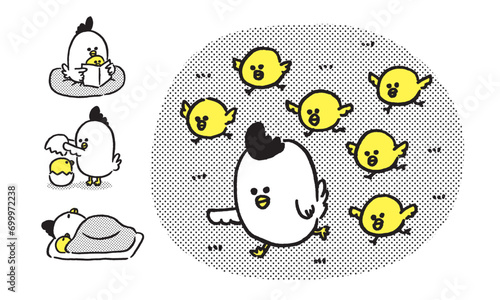 丸っこくてかわいい線太めのにわとりの親子