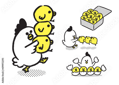 丸っこくてかわいい線太めのにわとりの親子