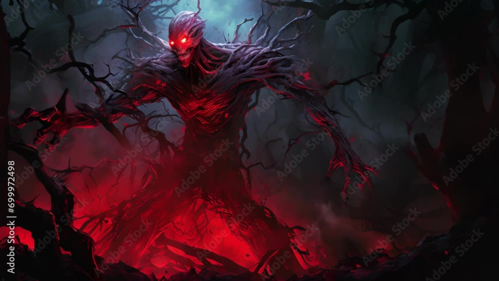 malevolent ghoul perches on a swaying tree in an abandoned forest eyes malevolent ghoul perches on a swaying tree in an abandoned forest eyes