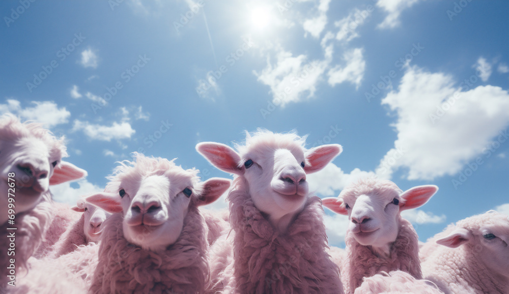 sheep in a row on blue sky background