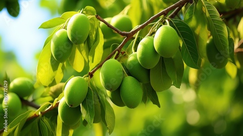 Lush green mangoes dangle from the branch of a tree. photo