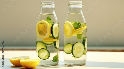 Two clear bottles filled with lemon and cucumber slices are ready for refreshing drink.