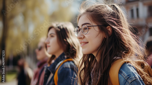 Close-Up Shot of Female Students Walking Through the University Campus on a Sunny Day, Radiating Warmth and Enthusiasm for Learning in the Illuminated Ambiance photo