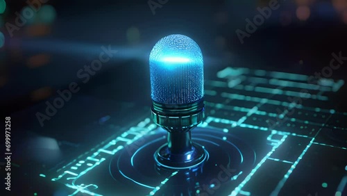 A microphone in the center of a hologramlike interface showing the potential of voiceactivated controls to revolutionize the way we . photo
