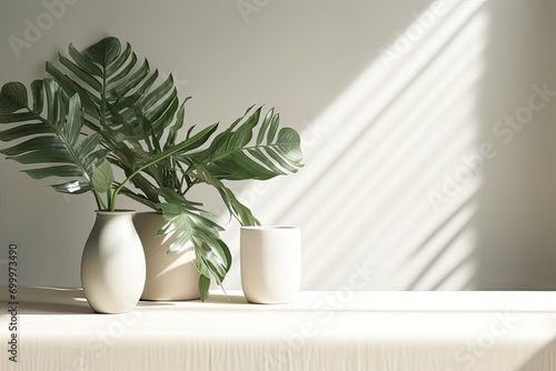 3d splay product cosmetic beauty organic nature beverage food luxury background wall shadow leaf tropical sunlight tablecloth beige vase ceramic white tree green counter table