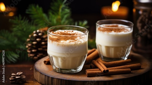 Frothy eggnog in glass mugs adorned with cinnamon sticks for  festive treat.