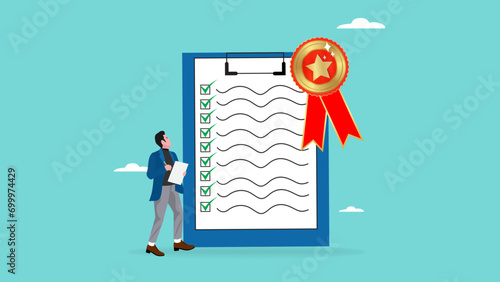 quality control concept vector illustration with people check product quality with set standard and quality icon. quality control or certified approval. product safety. guarantee checklist document