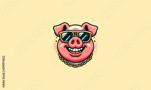 head pig wearing sun glass with gold necklace vector mascot design