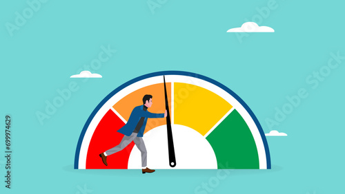 high performance businessman skill to achieve work productivity or efficiency with concept of businessman trying to push the measuring needle to high performance flat vector illustration