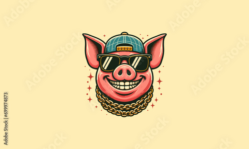head pig wearing sun glass with gold necklace vector mascot design