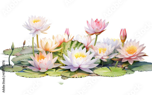 Water lilies in pond isolated on white or transparent background