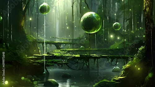 Crystalline orbs of luminescence hover over a lush and verdant forest their spectral Fantasy art concept. photo