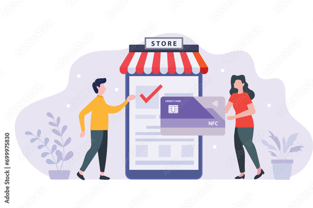 Online shopping concept of cashless payment with credit card, vector flat illustration Online shopping concept of cashless payment with credit card, vector flat illustration