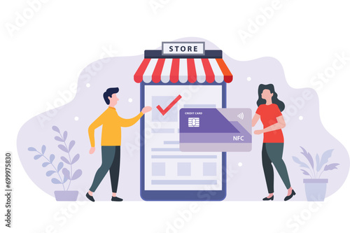 Online shopping concept of cashless payment with credit card, vector flat illustration