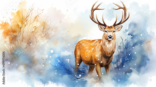 watercolor deer illustration with splash watercolor textured background. AI Generative photo