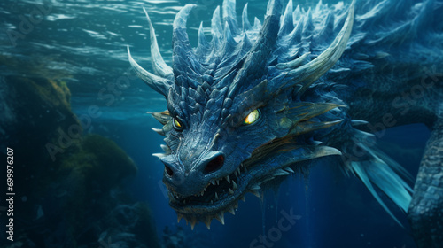 Head of a Fantasy Evil dragon with glowing eyes. Mythical creature in the sea Fearsome AI Generative