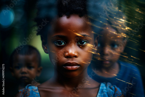 Blurred african little girl looking at the camera with her brother in the background
