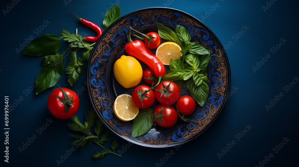 food focus,no humans,food,leaf,still life,fruit,vegetable,plate,onion,meat,tomato,lemon, in bowl over dark blue background. Top view