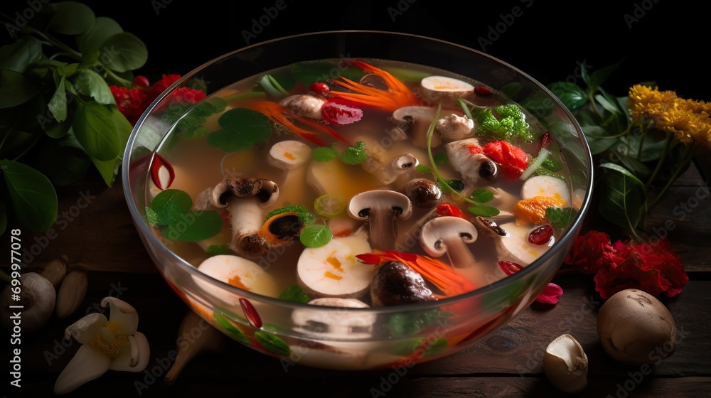 Vibrant Tom Yum Goong with Contrasting Colors and Aromatic Flavors, a Spicy Thai Delicacy Vibrant Tom Yum Goong with Contrasting Colors and Aromatic Flavors, a Spicy Thai Delicacy
