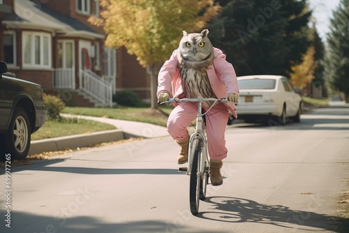 Owl on a pink bike enjoying a ride in a sunny suburb © AdriFerrer