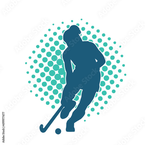 Silhouette of female field hockey athlete in action. Silhouette of a woman playing field hockey sport.