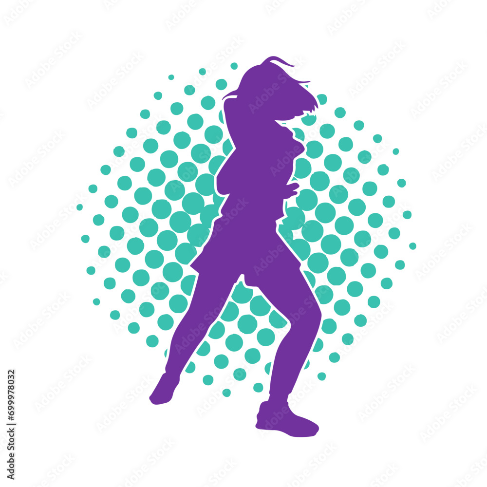 Silhouette of a casual female in a dancing pose. Silhouette of a dancer woman in action pose. Silhouette of a casual female in a dancing pose. Silhouette of a dancer woman in action pose.