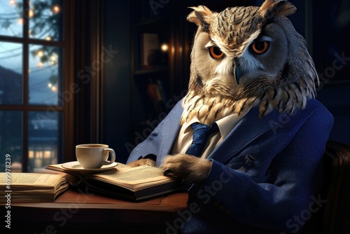 Scholarly owl reading a book with a cup of coffee in a cozy setting