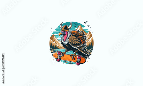 vulture wearing hat viking and backpack vector artwork design