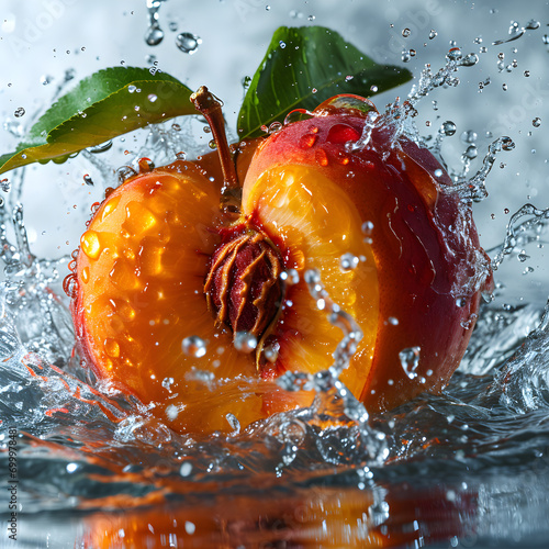 rink wave splash with peach, water splash and fruit beverage with peach, Realistic flow of refreshment   © Marut