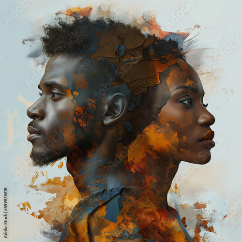 Artistic poster featuring a black man and woman in profile with double exposure map detailing, for Black History Month.