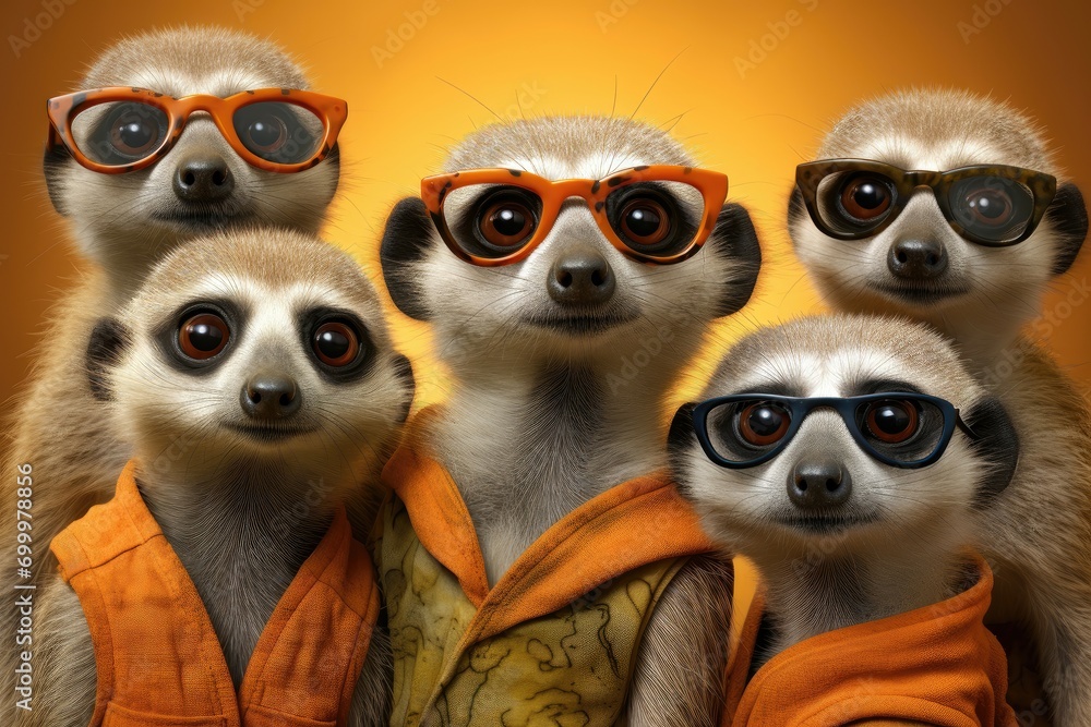 Meerkats with orange eyewear, a comical portrayal of trendiness and group dynamics