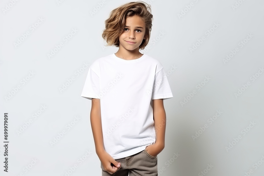 Teenage boy in white t-shirt on white background. T-shirt mockup. Teenage boy in white t-shirt on white background. T-shirt mockup.