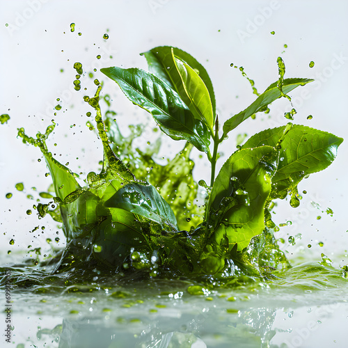 green tea leaf, Drink splash with green tea , water splash and  beverage with green tea, Realistic flow of refreshment  © Marut