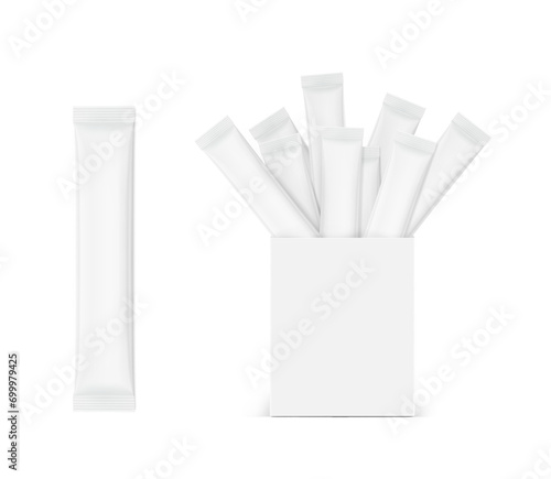 Realistic stick mockup with paperboard box for products isolated on white background. Great for your jelly, granulated, powder or liquid products. Vector illustration. EPS10.