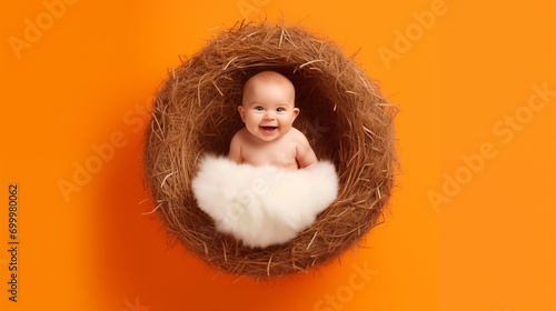 16:9 or 9:16 Photo of a cute baby happily nestled in an Easter egg nest.for backgrounds screens greeting card or other High quality printing projects. photo