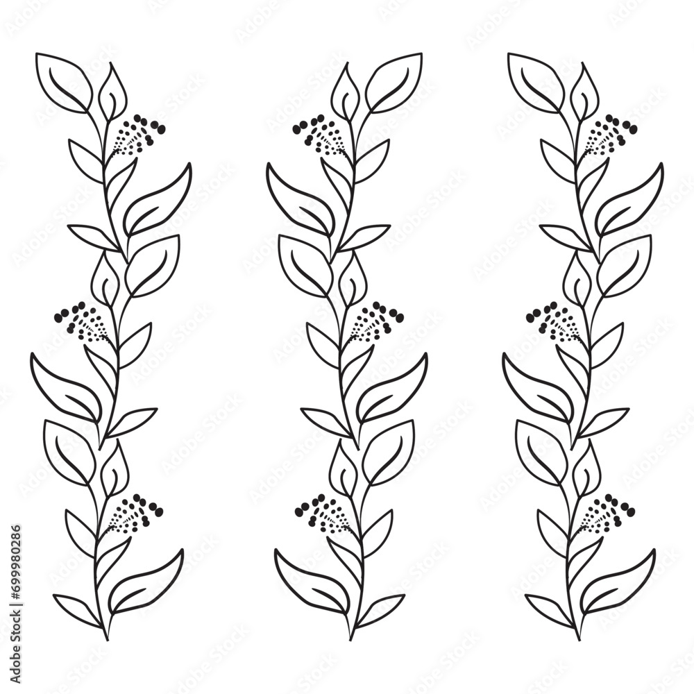 set of laurel wreaths,hand-drawn vector drawing in black outline. Long floral banner, garland of leaves, inflorescences. Flower and branch. Ink sketch. Horizontal patterned border - obrazy, fototapety, plakaty 