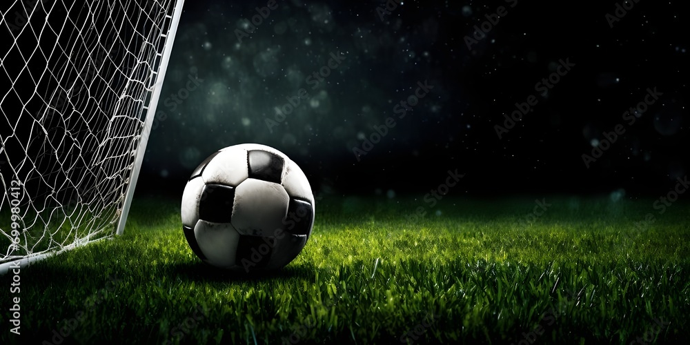 soccer ball in goal net,Soccer Magic. 3D Rendering with Stadium Lights.AI Generative  - obrazy, fototapety, plakaty 