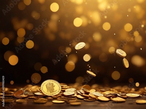 gold coins falling with pile of gold coins gold abstrack background and bokeh with Generative AI Techonology