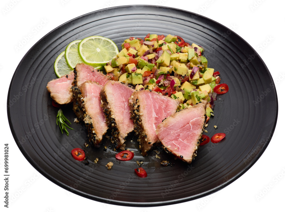 Sliced Organic grilled Tuna fillet covered with sesame seeds and salsa on black ceramic plate Sliced Organic grilled Tuna fillet covered with sesame seeds and salsa on black ceramic plate