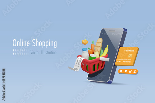 Online shopping and payment. Grocery shopping basket on smartphone with credit card payment. 3D cartoon character. Vector.