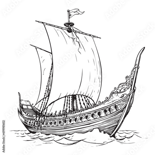 Viking ship sketch, hand drawn Vector illustration Comic
