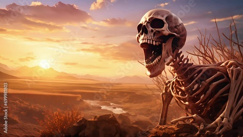 An imposing skeleton rearing up from a barren landscape its gaping mouth letting out a silent shriek. photo