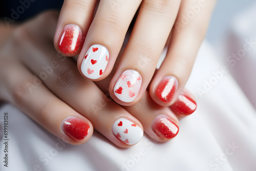Woman's Valentine's day fingernails with white and red colored nail polish with red hearts